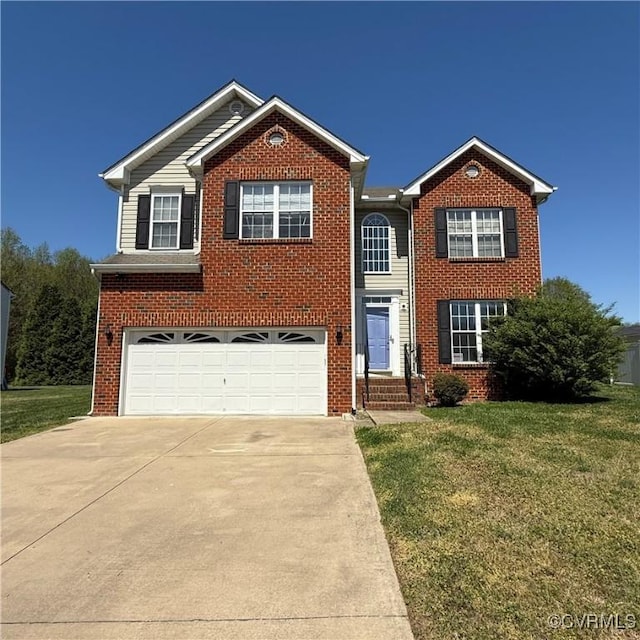 1353 Woodside Mews, Henrico, VA 23231 - view of front facade with concrete driveway, brick siding, a front lawn, and an attached garage