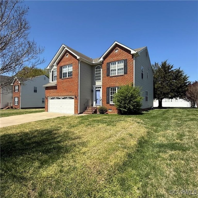 1353 Woodside Mews, Henrico, VA 23231 - view of front of home with an attached garage, concrete driveway, a front yard, and brick siding