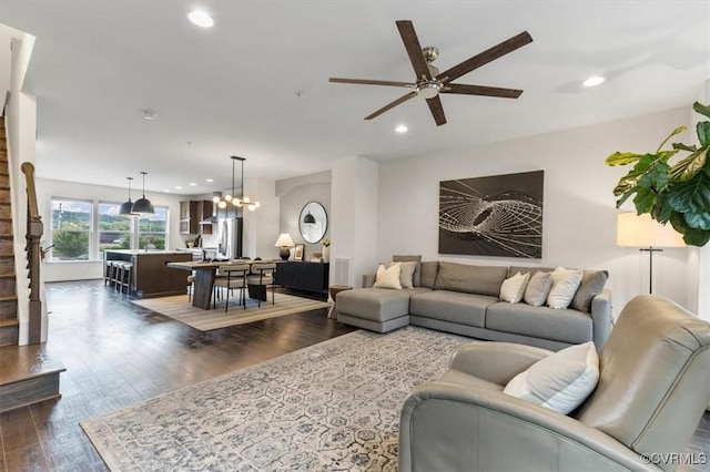5007 Old Main St, Henrico, VA 23231 - living room with stairway, recessed lighting, a ceiling fan, dark wood-style flooring, and a chandelier