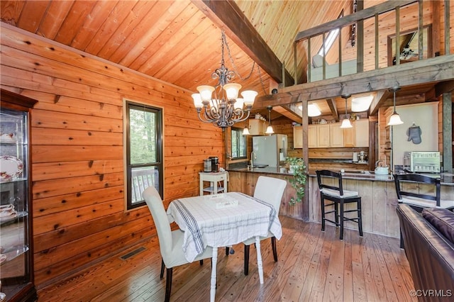 1115 Old Church Rd, Hanover, VA 23111 - dining room featuring beam ceiling, an inviting chandelier, wood ceiling, and hardwood / wood-style flooring