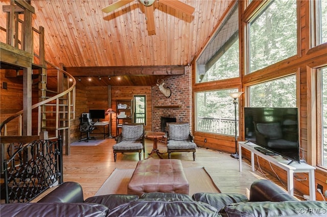 1115 Old Church Rd, Hanover, VA 23111 - living area featuring wood ceiling, high vaulted ceiling, plenty of natural light, and ceiling fan