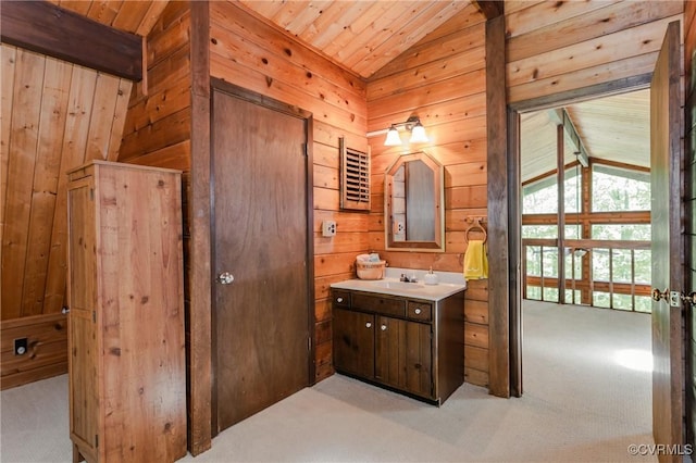 1115 Old Church Rd, Hanover, VA 23111 - bathroom featuring wooden ceiling, vanity, wood walls, and lofted ceiling