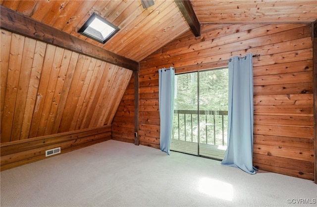 1115 Old Church Rd, Hanover, VA 23111 - additional living space featuring vaulted ceiling with beams, carpet flooring, wood walls, and visible vents