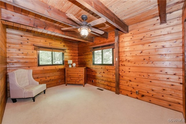 1115 Old Church Rd, Hanover, VA 23111 - unfurnished room featuring wooden walls, carpet flooring, beam ceiling, wooden ceiling, and visible vents