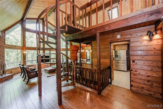 1115 Old Church Rd, Hanover, VA 23111 - interior space with beamed ceiling, high vaulted ceiling, wood walls, and hardwood / wood-style flooring