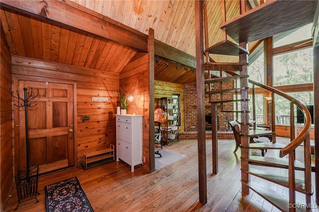 1115 Old Church Rd, Hanover, VA 23111 - interior space with wooden ceiling, vaulted ceiling with beams, wood walls, and hardwood / wood-style floors