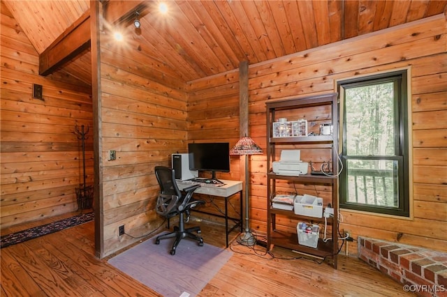 1115 Old Church Rd, Hanover, VA 23111 - office with wooden walls, wood ceiling, lofted ceiling with beams, and hardwood / wood-style flooring