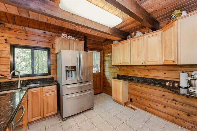 1115 Old Church Rd, Hanover, VA 23111 - kitchen featuring a sink, wood walls, wooden ceiling, stainless steel refrigerator with ice dispenser, and beamed ceiling