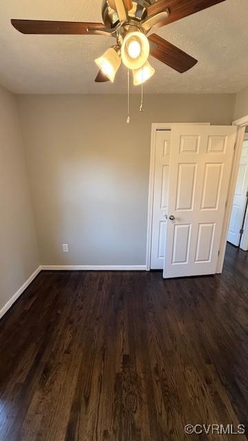 4409 Samara Dr, Henrico, VA 23231 - unfurnished bedroom with ceiling fan, a textured ceiling, a closet, baseboards, and dark wood-style floors