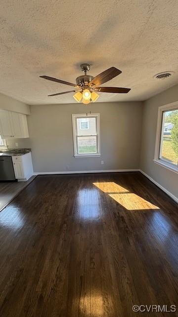 4409 Samara Dr, Henrico, VA 23231 - unfurnished living room featuring visible vents, baseboards, ceiling fan, and dark wood finished floors