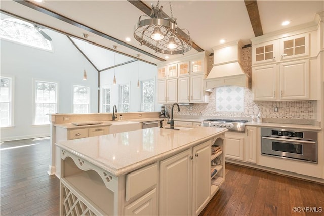 8907 First Branch Ln, Chesterfield, VA 23838 - kitchen with appliances with stainless steel finishes, a sink, premium range hood, dark wood-type flooring, and recessed lighting