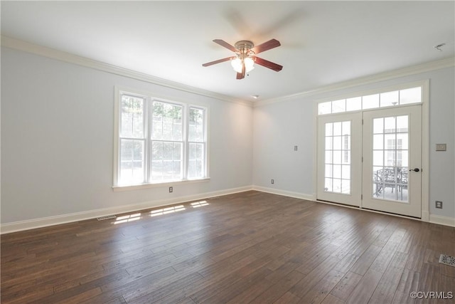 8907 First Branch Ln, Chesterfield, VA 23838 - empty room with a ceiling fan, dark wood-style floors, crown molding, and baseboards