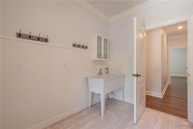 8907 First Branch Ln, Chesterfield, VA 23838 - washroom with light wood-style flooring, ornamental molding, and a wainscoted wall