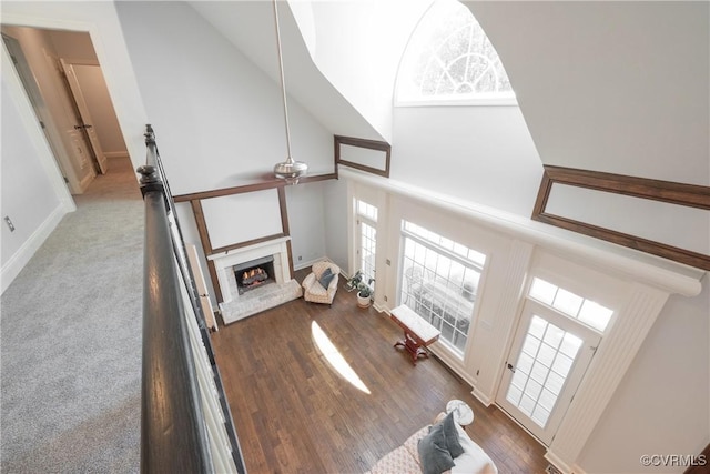 8907 First Branch Ln, Chesterfield, VA 23838 - entrance foyer with ceiling fan, a warm lit fireplace, wood finished floors, high vaulted ceiling, and baseboards