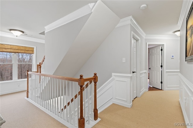 hall featuring an upstairs landing, light carpet, a decorative wall, crown molding, and a wainscoted wall