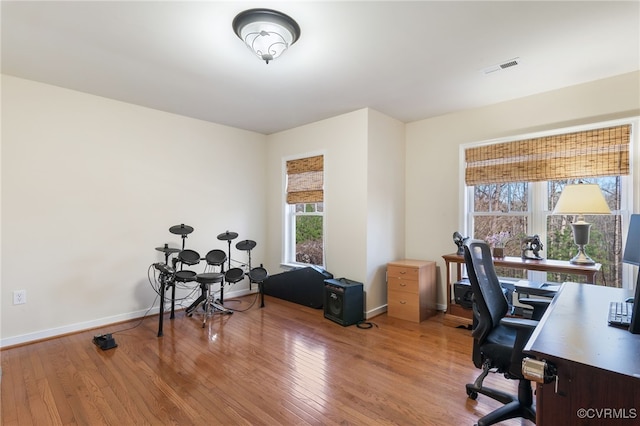office featuring plenty of natural light, wood finished floors, and baseboards