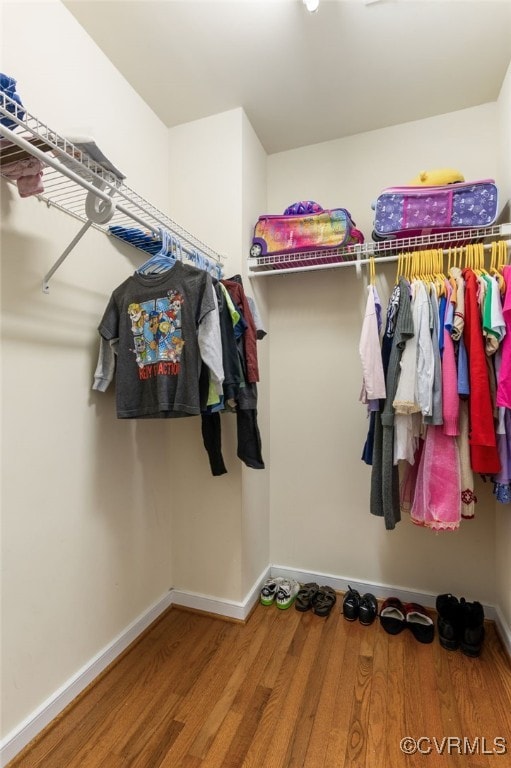 walk in closet with wood finished floors