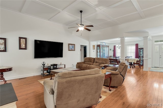 17248 Ivory Bill Ln, Chesterfield, VA 23838 - living area featuring ceiling fan, light wood-style flooring, ornate columns, and coffered ceiling
