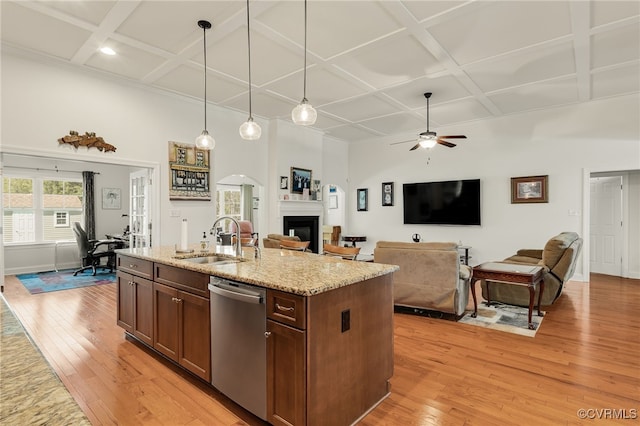 17248 Ivory Bill Ln, Chesterfield, VA 23838 - kitchen featuring stainless steel dishwasher, light wood-type flooring, a sink, and coffered ceiling