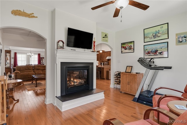 17248 Ivory Bill Ln, Chesterfield, VA 23838 - living area with a glass covered fireplace, arched walkways, light wood finished floors, and ceiling fan with notable chandelier