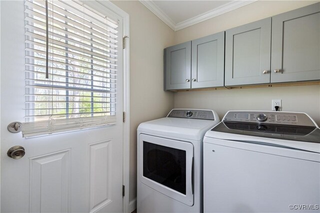 13951 Clementown Rd, Amelia, VA 23002 - washroom featuring washer and dryer, cabinet space, and crown molding