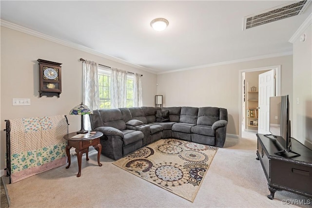 carpeted living area with visible vents, baseboards, and ornamental molding