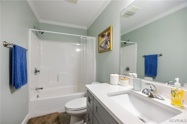 full bath with visible vents, toilet, vanity, ornamental molding, and shower / bath combo with shower curtain