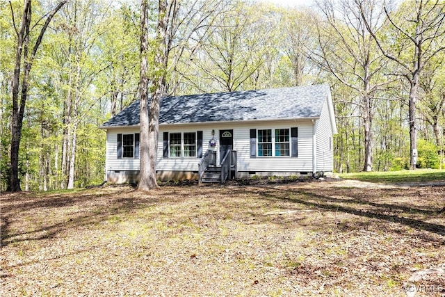 single story home with roof with shingles and crawl space