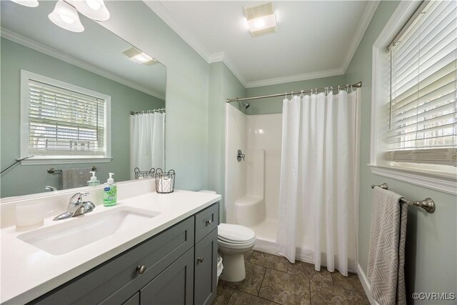 13951 Clementown Rd, Amelia, VA 23002 - bathroom featuring plenty of natural light, vanity, crown molding, toilet, and stone finish floors