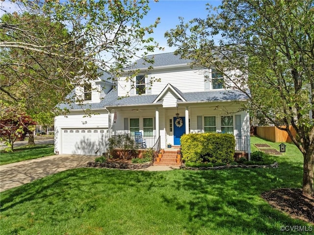 traditional home featuring a front yard, a porch, an attached garage, fence, and driveway