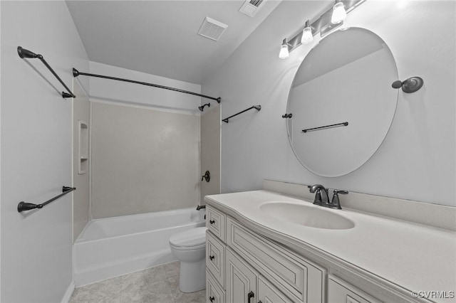 full bathroom featuring shower / bath combination, vanity, visible vents, and toilet