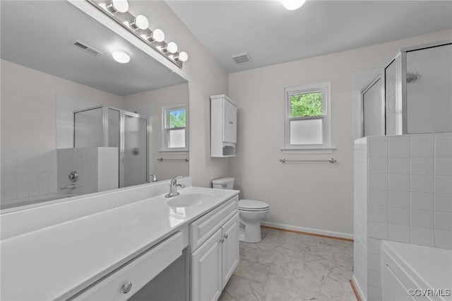 bathroom with a stall shower, marble finish floor, visible vents, and a wealth of natural light