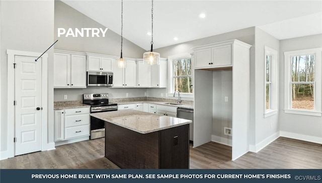 TBD Country Club Rd, Brodnax, VA 23920 - kitchen featuring appliances with stainless steel finishes, a sink, white cabinetry, baseboards, and high vaulted ceiling