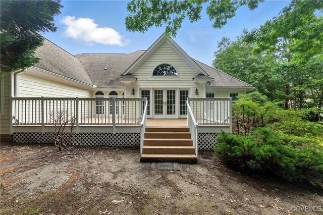 132 Warwick Hls, Williamsburg, VA 23188 - back of property featuring a shingled roof, a wooden deck, and french doors