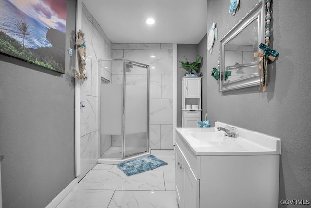 32390 S Main St, Boykins, VA 23827 - full bath featuring a textured wall, vanity, marble finish floor, and a stall shower