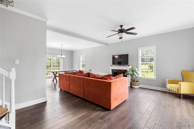 living room featuring dark wood finished floors, plenty of natural light, baseboards, and ceiling fan with notable chandelier