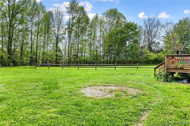 view of yard featuring fence and a deck