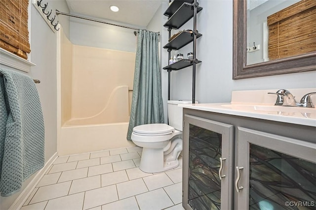 bathroom with recessed lighting, tile patterned floors, shower / bathtub combination with curtain, toilet, and vanity