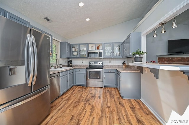 kitchen with gray cabinets, appliances with stainless steel finishes, a sink, a textured ceiling, and lofted ceiling