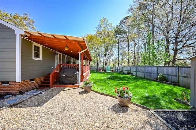 view of yard with a deck and a fenced backyard
