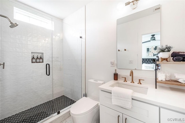 full bath featuring a shower stall, toilet, vanity, and visible vents