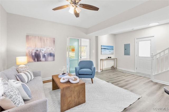 living area with baseboards, light wood-style floors, and electric panel