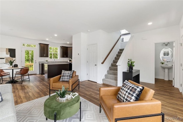 7931 Lyndale Dr, Chesterfield, VA 23235 - living room featuring stairway, plenty of natural light, dark wood finished floors, and recessed lighting