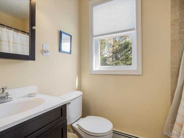 1612 Brookland Pkwy, Richmond, VA 23227 - full bath with toilet, vanity, a shower with curtain, and baseboard heating