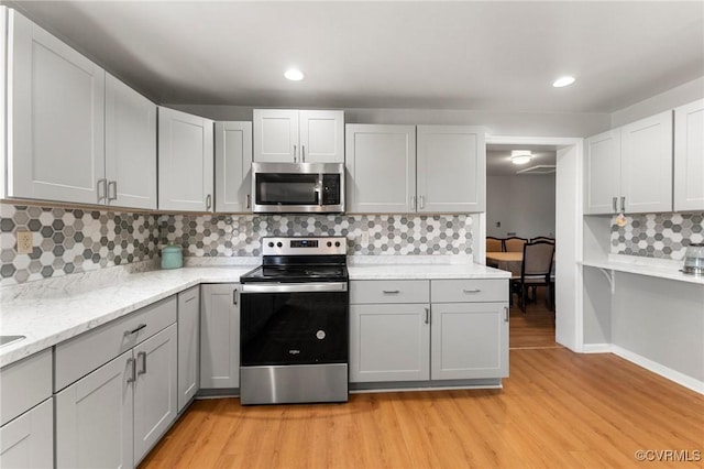 1474 Welsh Tract Rd, Charlotte Courthouse, VA 23923 - kitchen with appliances with stainless steel finishes, light wood-style flooring, backsplash, gray cabinets, and recessed lighting