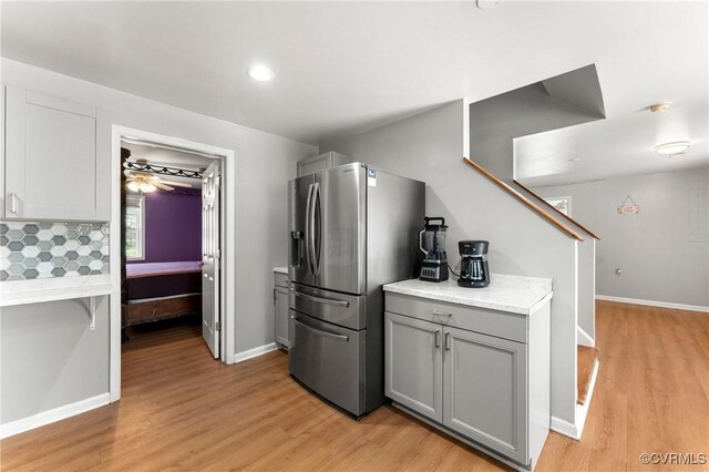 1474 Welsh Tract Rd, Charlotte Courthouse, VA 23923 - kitchen featuring stainless steel fridge with ice dispenser, gray cabinets, light wood-style flooring, recessed lighting, and ceiling fan