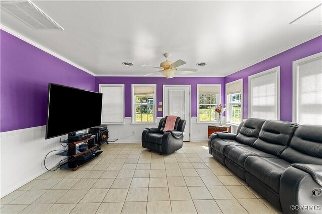 1474 Welsh Tract Rd, Charlotte Courthouse, VA 23923 - living room featuring light tile patterned flooring, ornamental molding, and a ceiling fan