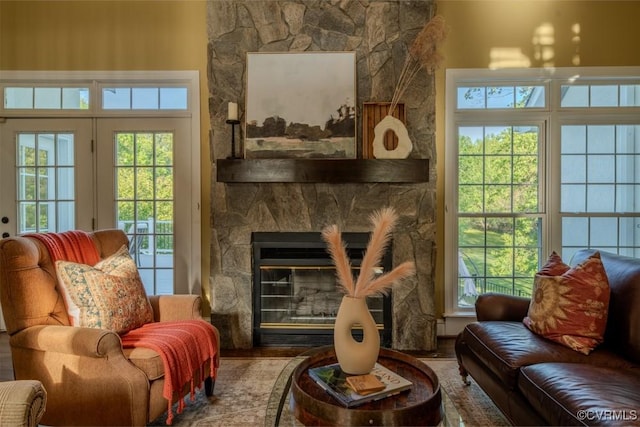 living area featuring wood finished floors and a fireplace