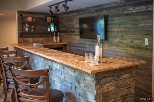 bar featuring indoor wet bar, rail lighting, and wooden walls