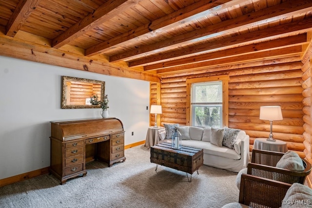 carpeted living room featuring wood ceiling, baseboards, log walls, and beamed ceiling